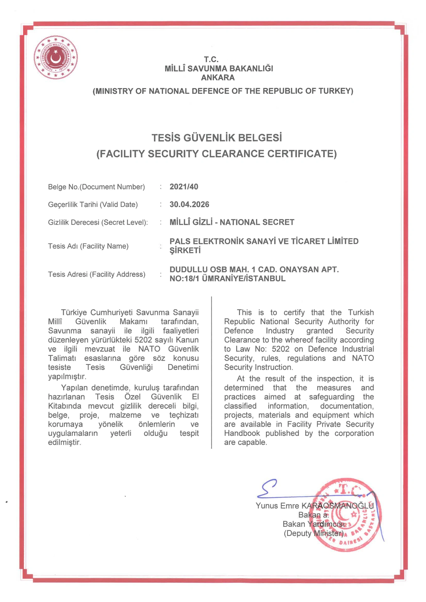 Facility Security Clearance Certificate
